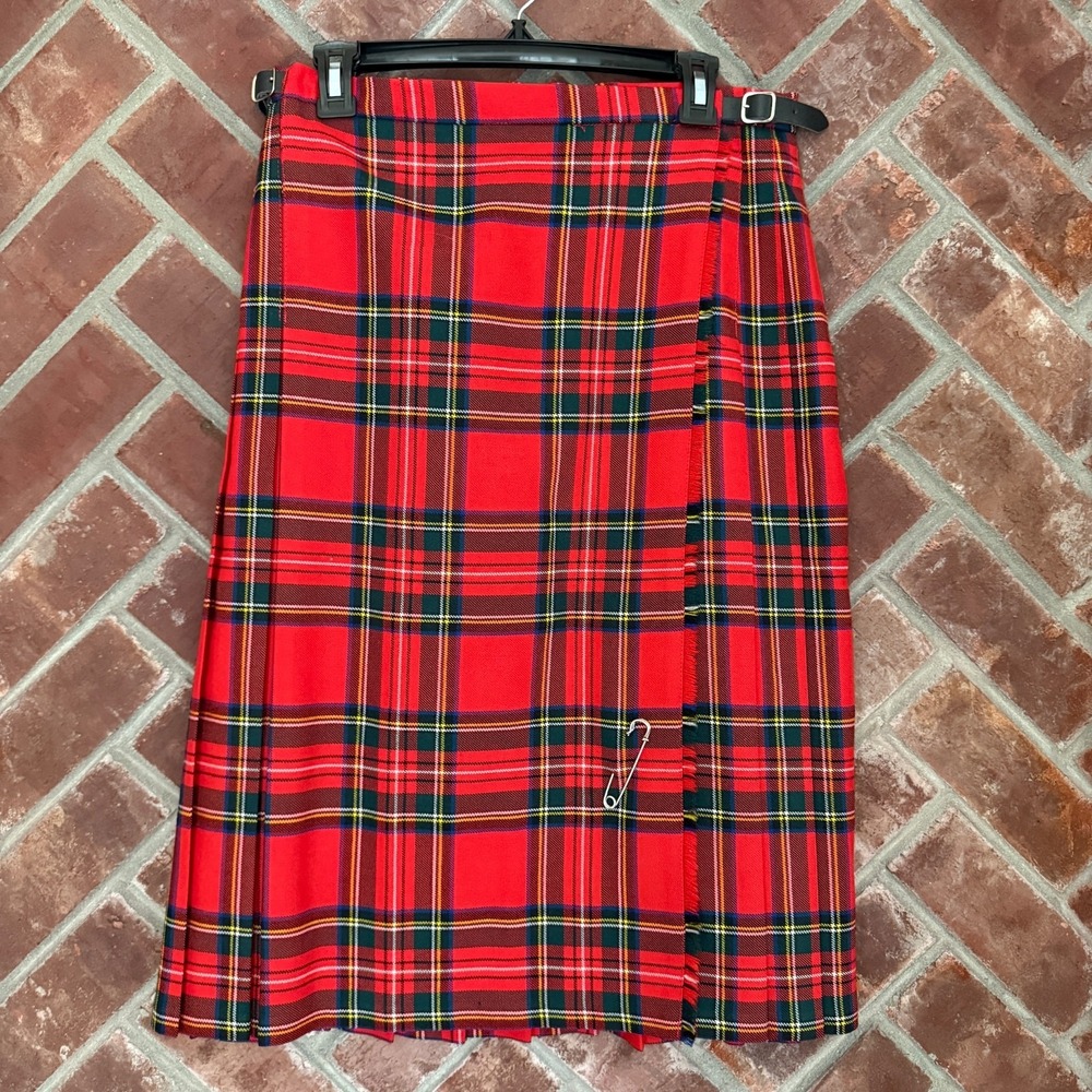 Morplan Tartan Plaid Women's Skirt Kilt Safety Pin Pleated Wool Maxi Size 16